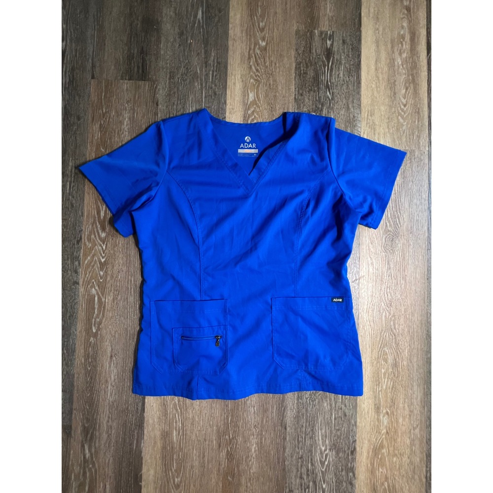 Adar Pro Scrub Top Women XL Blue Excellent V-Neck Multi-Pocket Stretch‎ Workwear